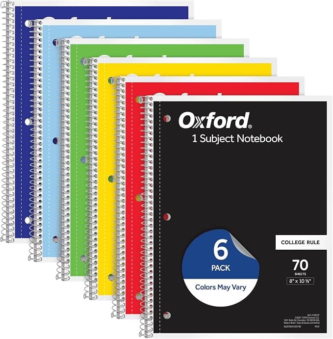 Oxford Notebooks, 1 Subject Spiral, College Ruled, 8" x 10.5", 70 Sheets, 3-Hole Punched, Micro-Perforated, Assorted Colors, 6-Pack for School or Office Use