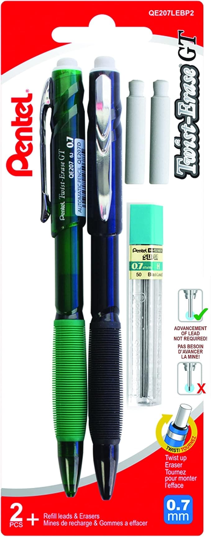 Pentel Twist-Erase GT Mechanical Pencil, 0.7mm, 2PK with Leads+Erasers