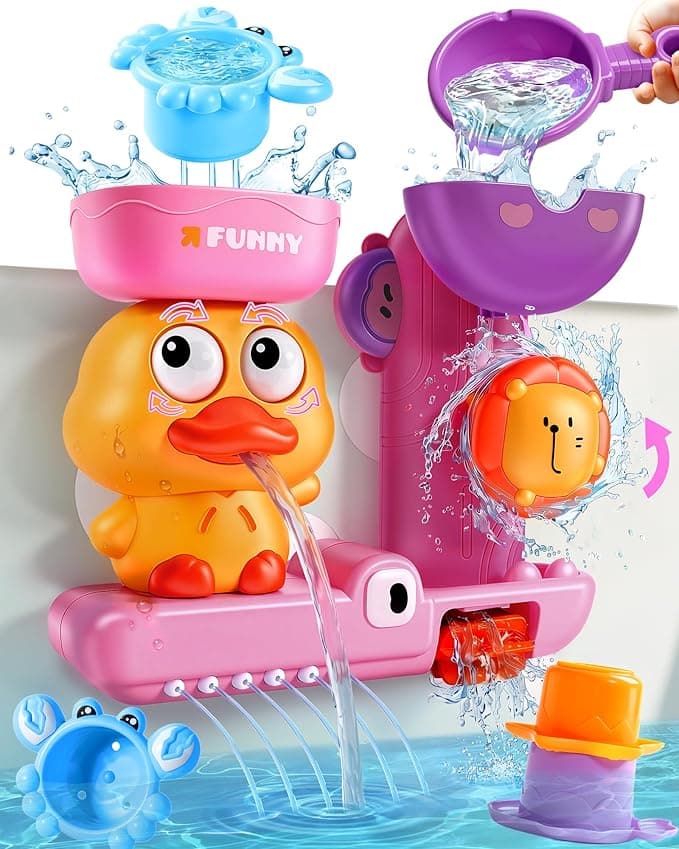 Bath Toys for Toddlers 1-3, Pink Baby Bath Toys for 1 2 3 Year Old Girls, 2 Year Old Girl Gifts, Interactive Duck with 3 Stacking Cups & Water Spoon, Educational Sensory Water Bathtub Toy for Kids