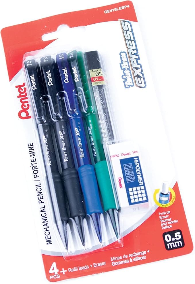Pentel Twist-Erase Express Mechanical Pencil, 0.5mm, 4PK with Lead+Eraser