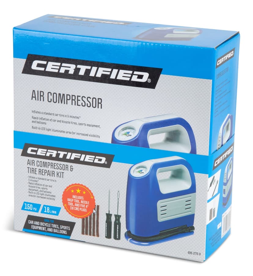 Certified 12V Tire Inflator/Tubeless Tire Repair Kit with Plugs Combo Set, 3-pc