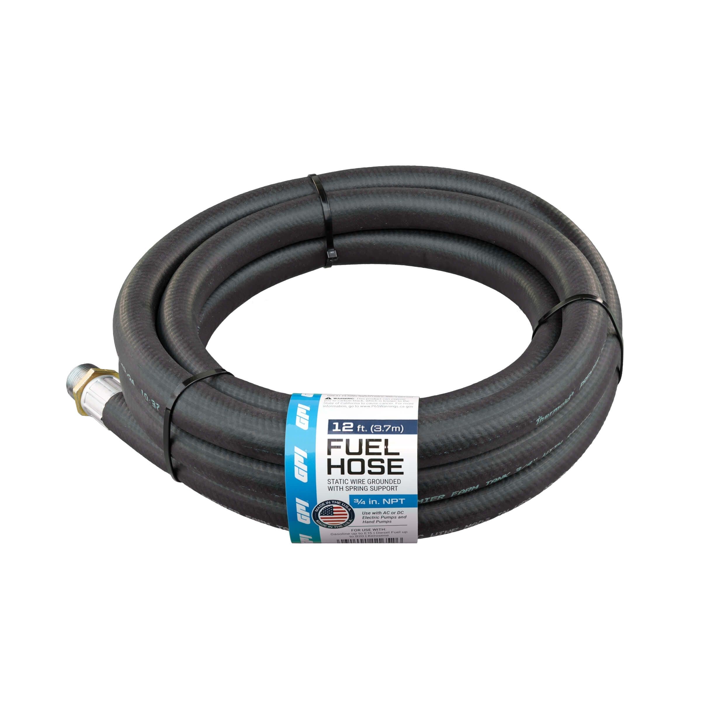 GPI Hose Fuel Assembly, 3/4-in x 12-ft, 3/4-in NPT, AG, Pop Tag