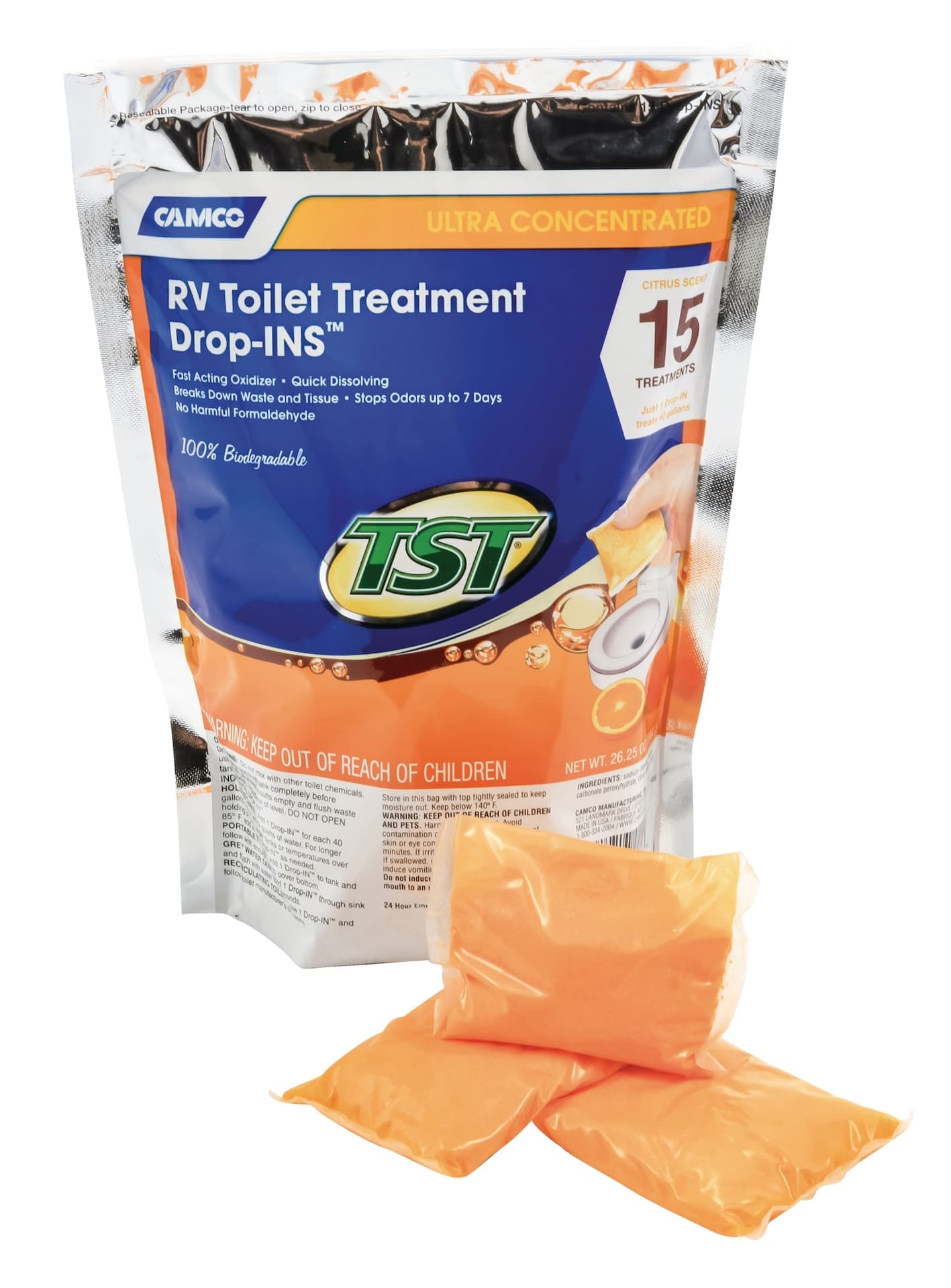 CAMCO TST Orange Scent Ultra Concentrated Drop-In Tabs RV Holding Tank/Toilet Treatment, 15-pk