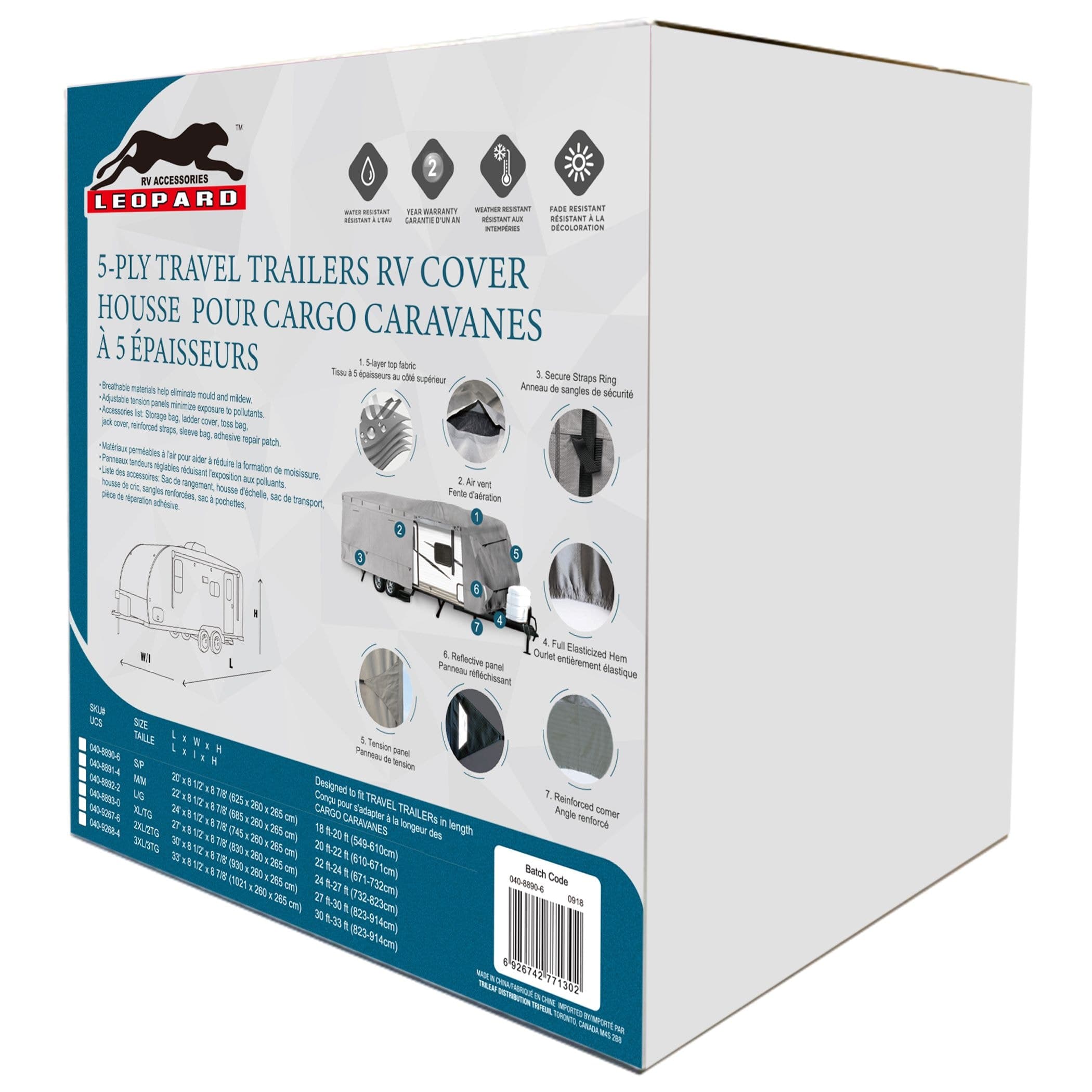 Leopard Premium 4-Ply Travel Trailers RV Cover, Grey, Assorted Sizes