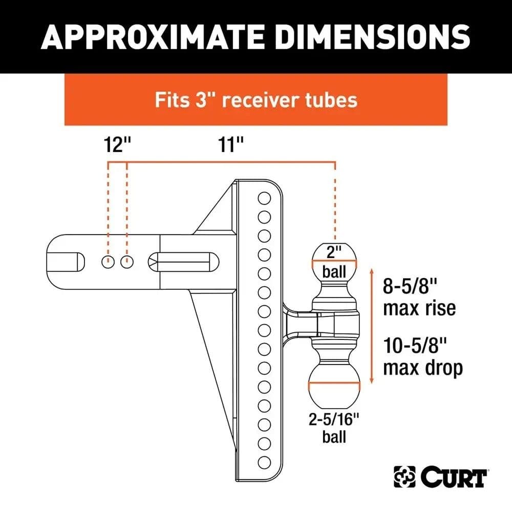 CURT 45928 Adjustable Channel Mount with Dual Ball & 3-in Shank, Rated for 21000-lbs