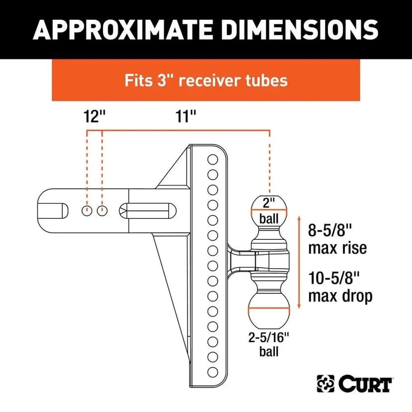 CURT 45928 Adjustable Channel Mount with Dual Ball & 3-in Shank, Rated for 21000-lbs