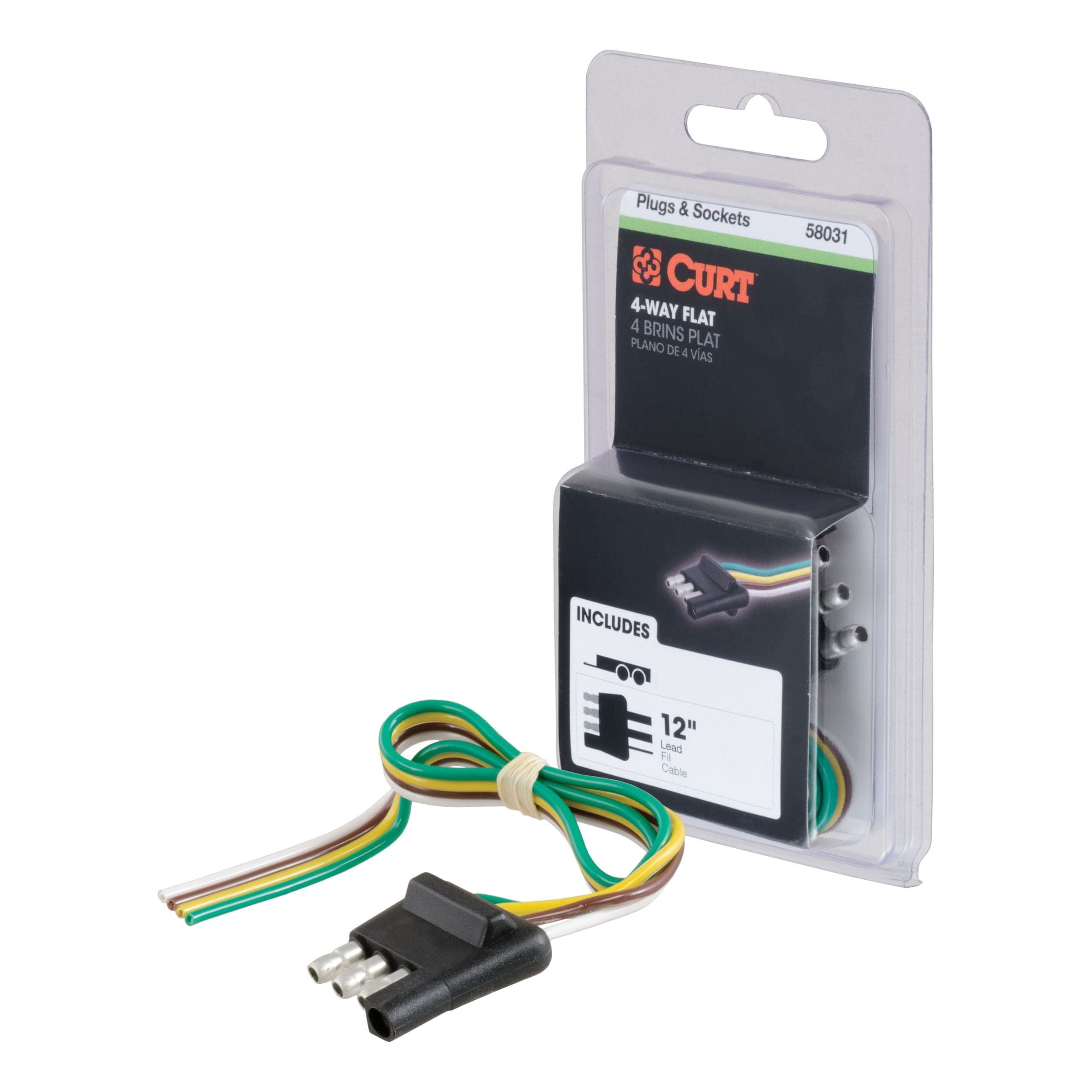 CURT 58031 Trailer-Side 4-Pin Flat Wiring Harness with 12-Inch Wires