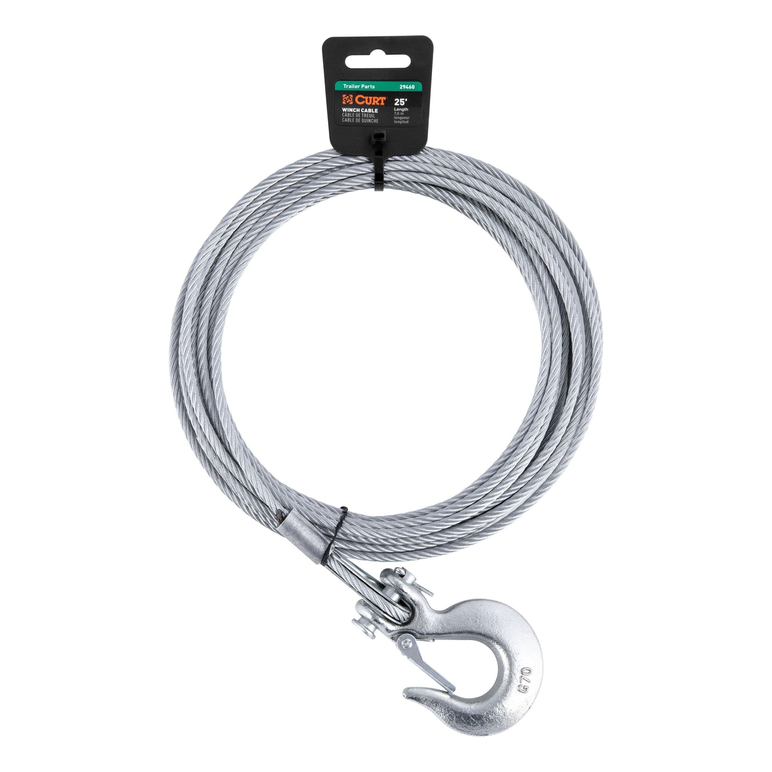 CURT 29460 Steel Winch Cable with Hook, 3/16-in x 25-ft, 4,200-lbs
