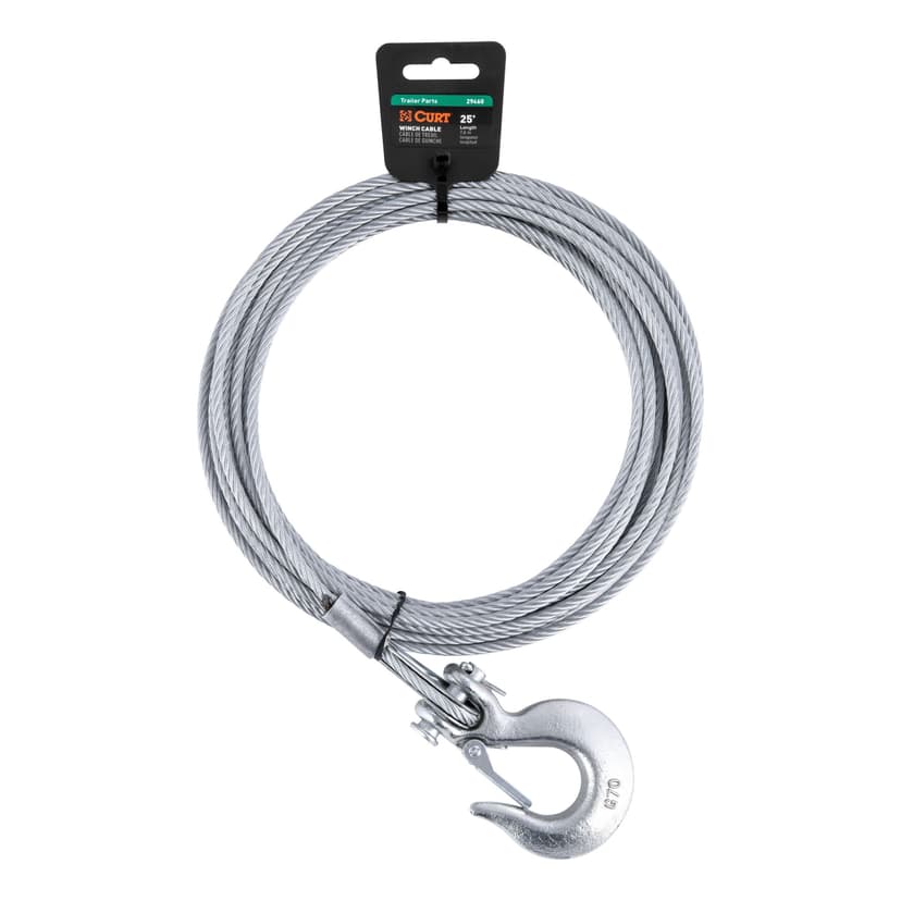 CURT 29460 Steel Winch Cable with Hook, 3/16-in x 25-ft, 4,200-lbs