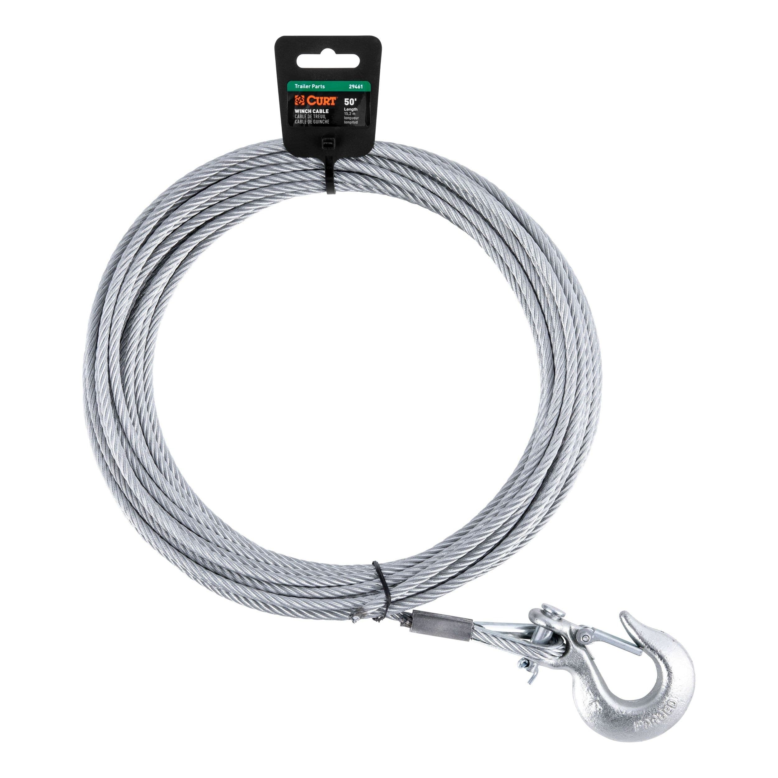 CURT 29461 Steel Winch Cable with Hook, 7/32-in x 50-ft, 5,600-lbs