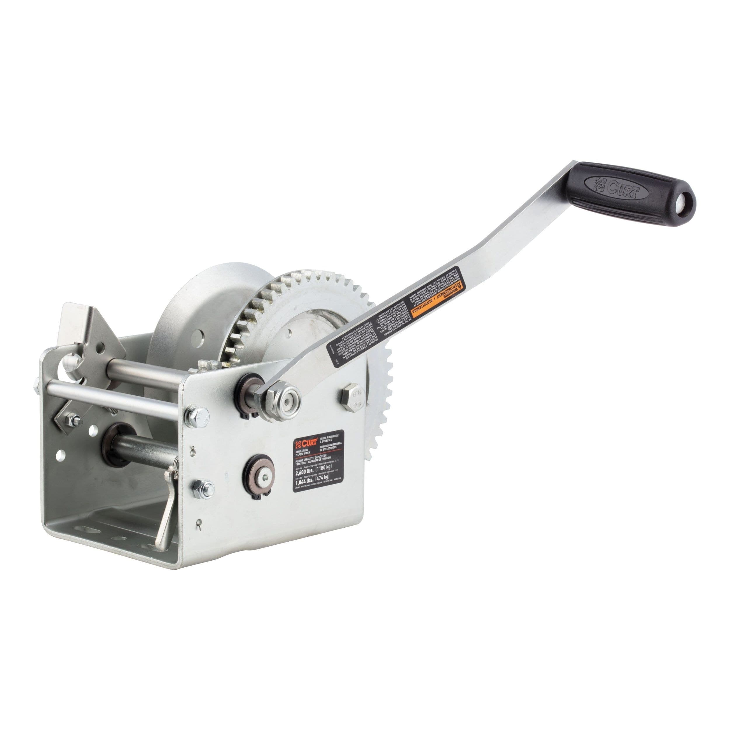 CURT 29526 Hand-Crank 2-Speed Winch, 2,600-lbs, 5.1:1 High, 12.7:1 Low Gear Ratio, 10.6-in Handle