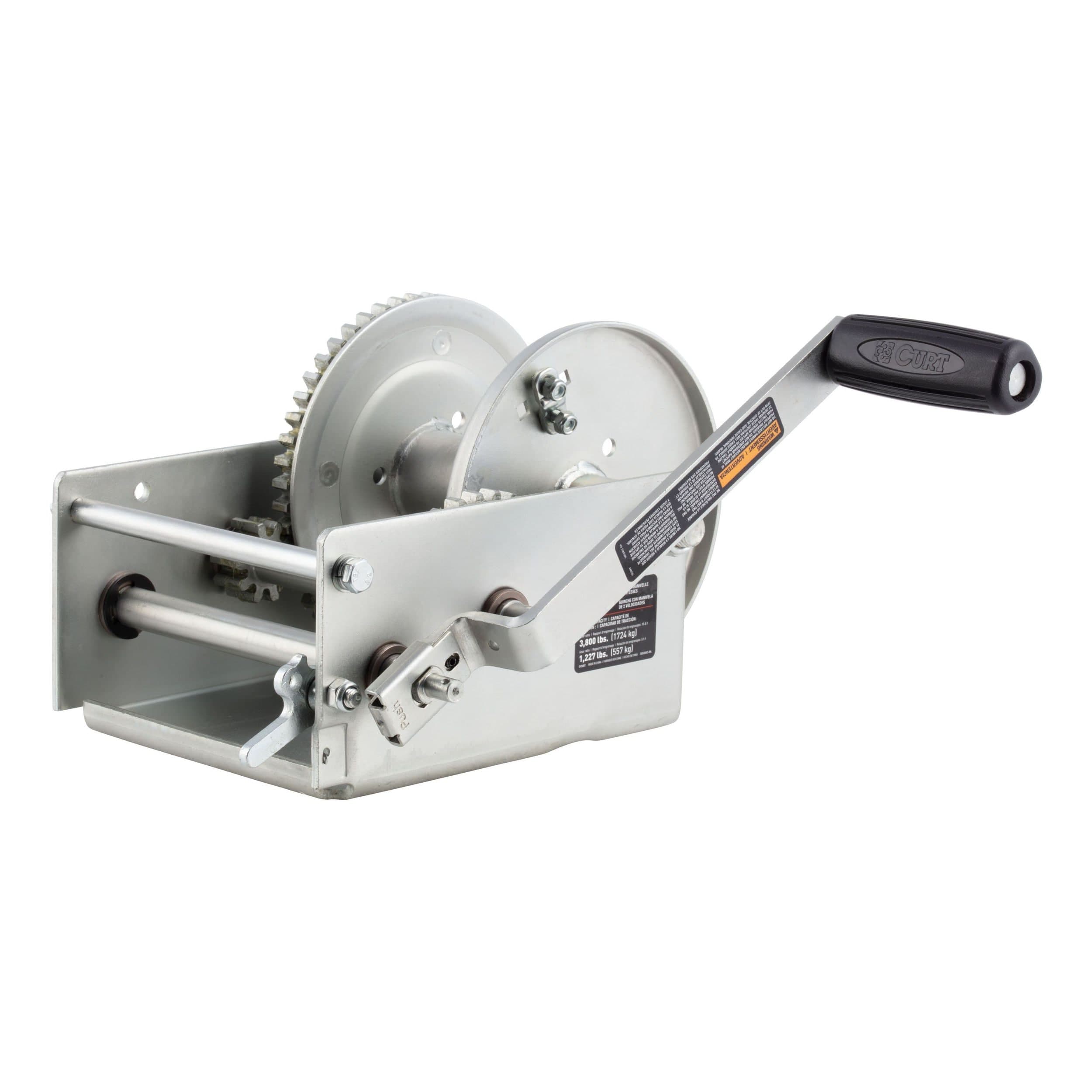 CURT 29538 Hand-Crank 2-Speed Winch, 3,800-lbs, 5.1:1 High, 15.8:1 Low Gear Ratio, 9.6-in Handle