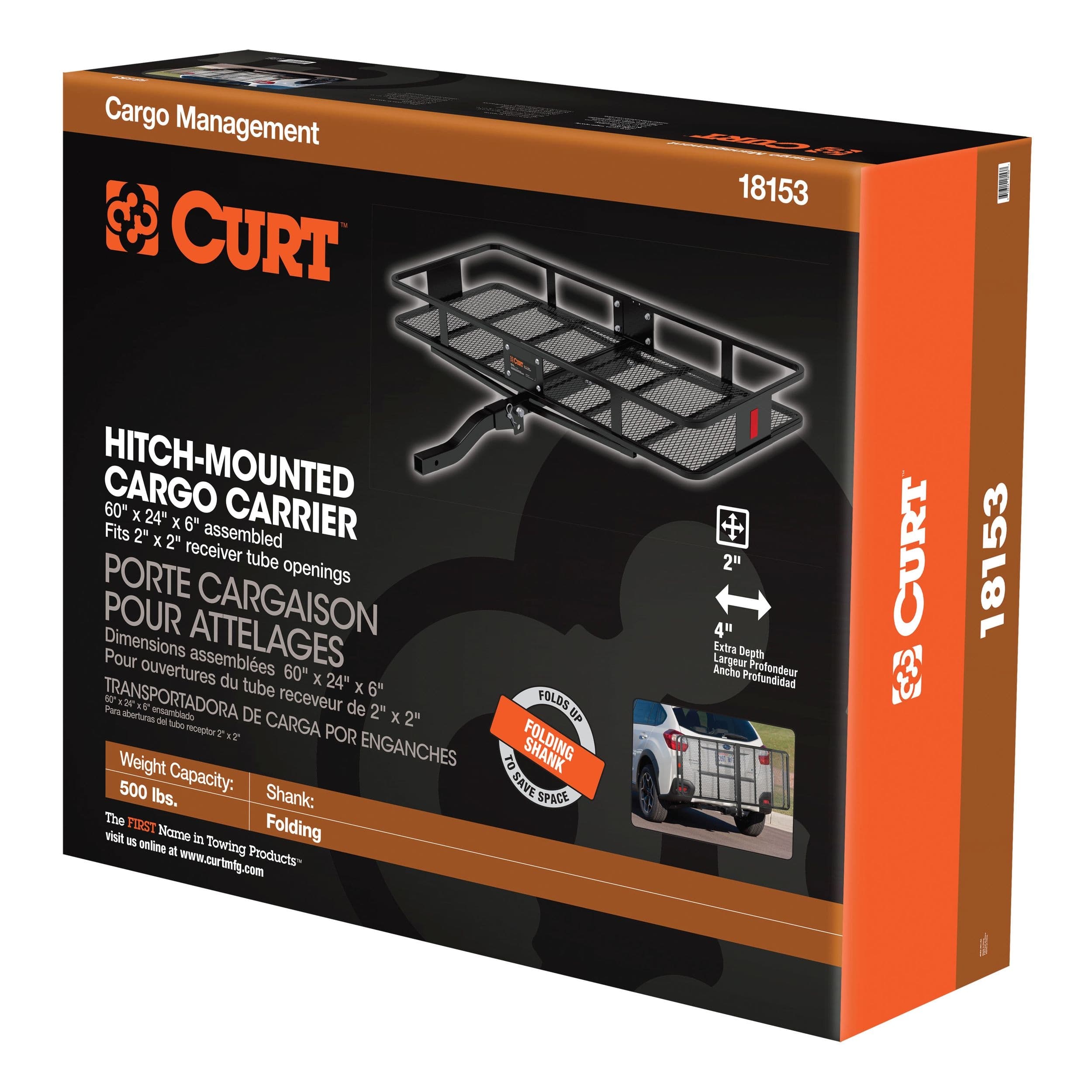 CURT 18153 60 x 24-Inch Basket Hitch Cargo Carrier, 500 lbs Capacity, Black Steel, 2-In Folding Shank