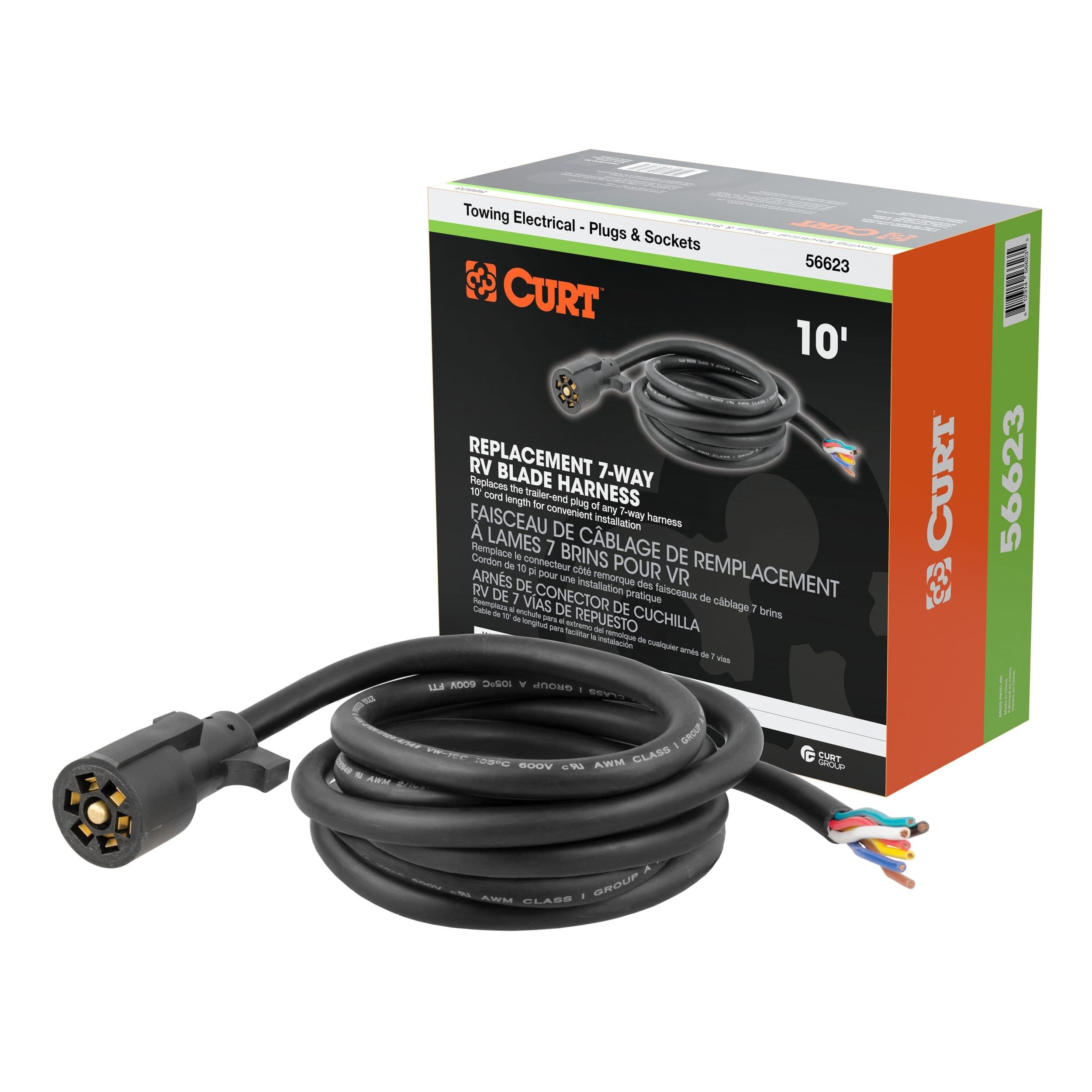 CURT 56623 Replacement 7-Pin RV Blade Trailer Wiring Harness Plug, 10-Foot Blunt-Cut Wires, Boxed