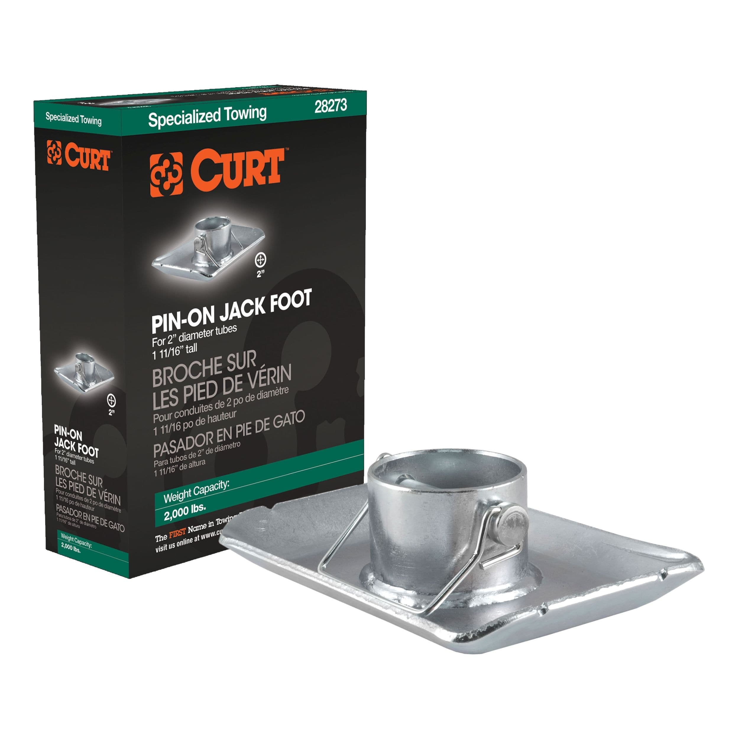 CURT 28273 Pin-On Jack Foot (Fits 2" Tube, 2,000 lbs, 1-11/16" Height)