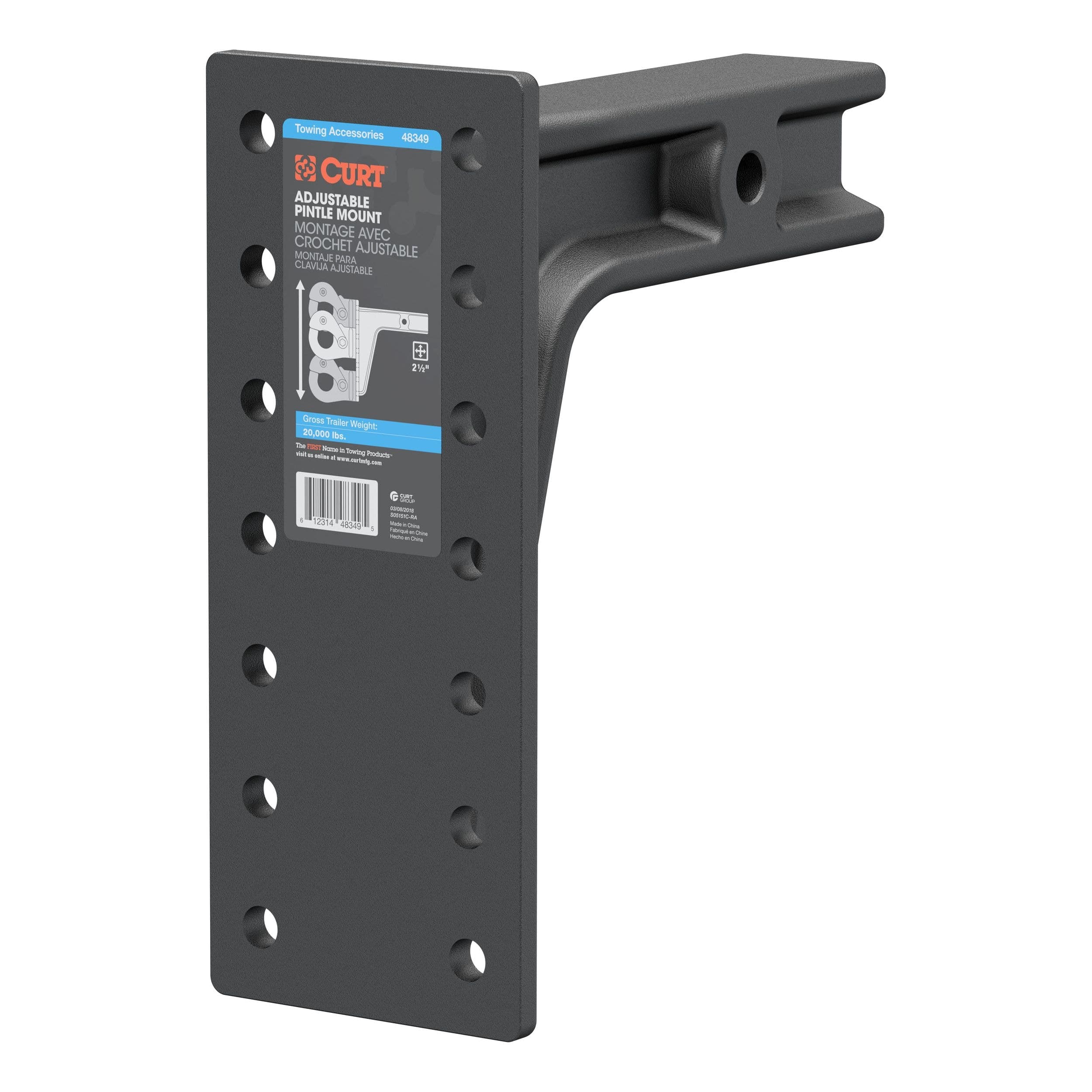 CURT 48349 Adjustable Pintle Mount (20K lb, 12-1/2" High, 10-3/4" Long)