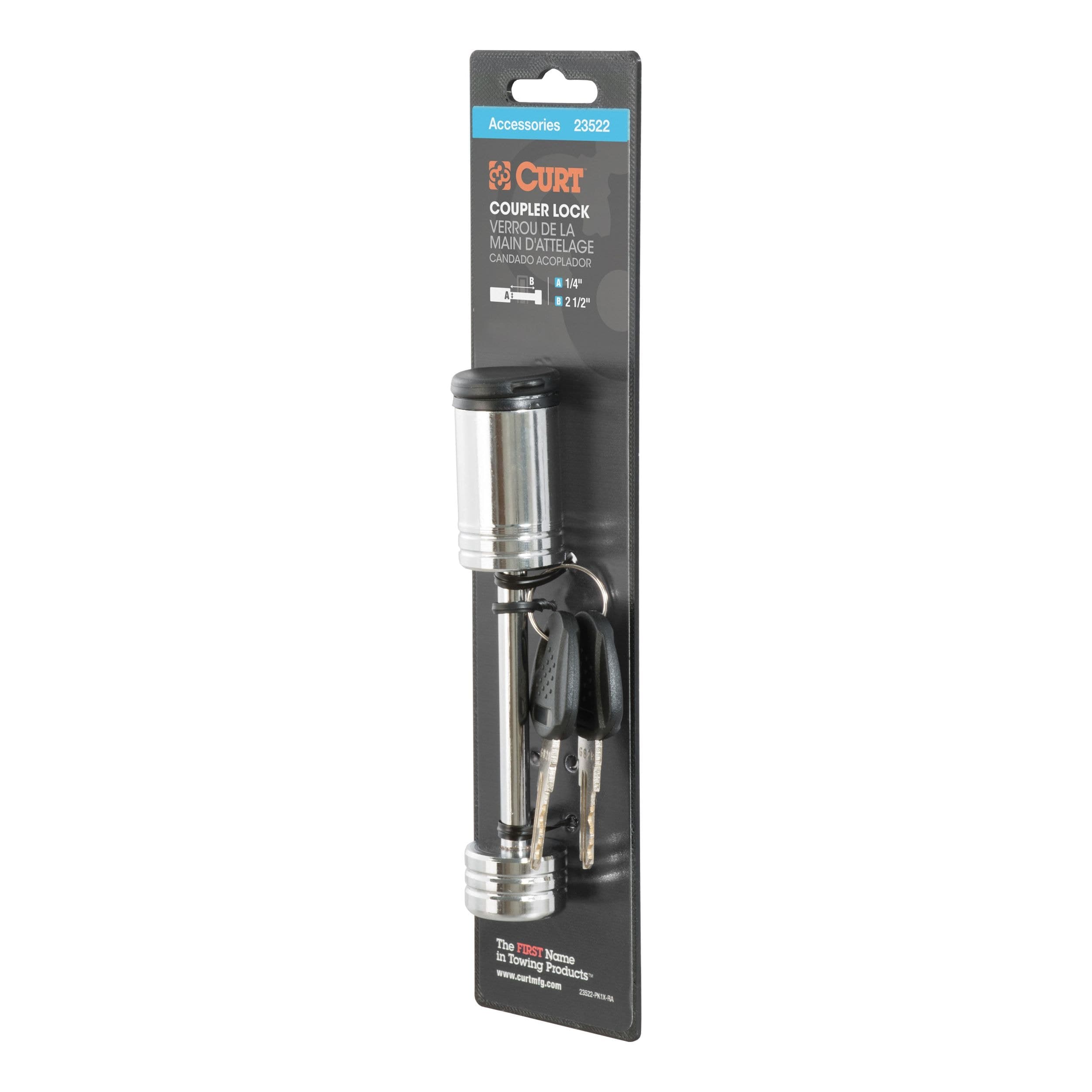 CURT 23522 Coupler Lock (1/4" Pin, 2-1/2" Latch Span, Barbell, Chrome)