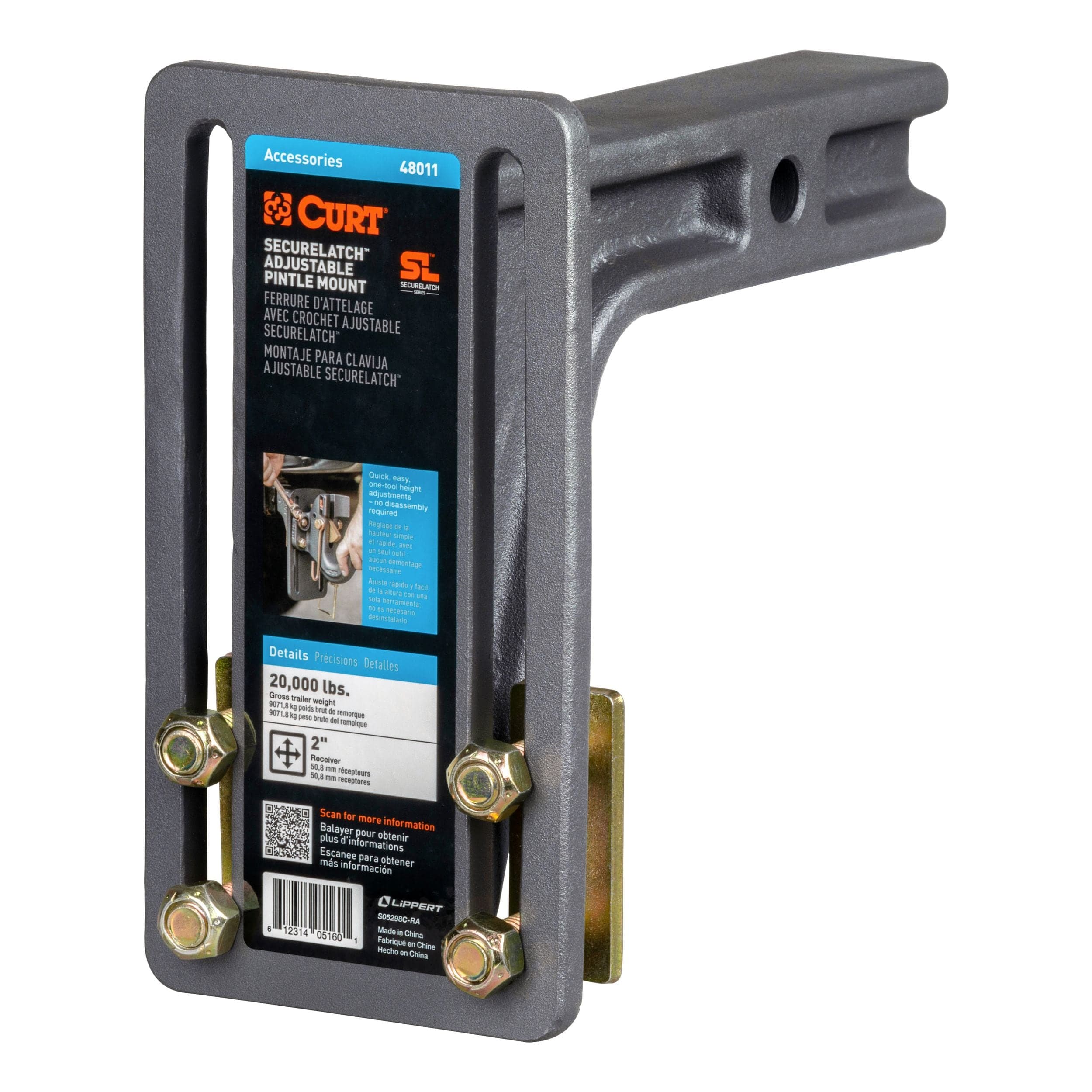 CURT 48011 SecureLatch Adjustable Pintle Mount Plate, 2" Shank, 20,000-lb