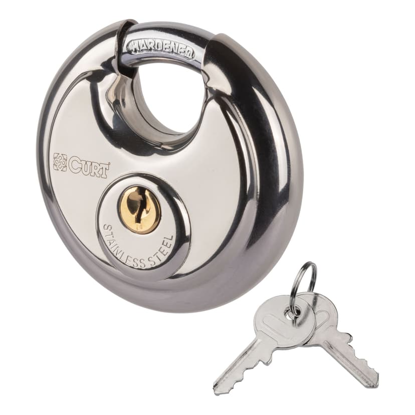 CURT 23084 Stainless Steel Disc Lock, 3/8-in Hardened Shackle, 4-Pin Brass Cylinder