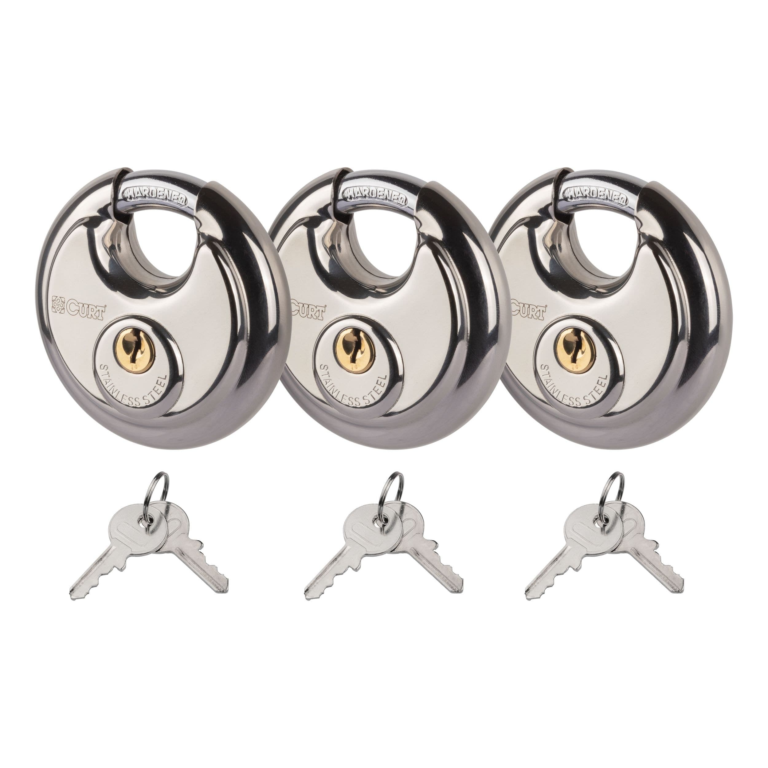 CURT 23085 Stainless Steel Disc Locks, 3/8-in Hardened Shackle, 4-Pin Brass Cylinder, 3-pk