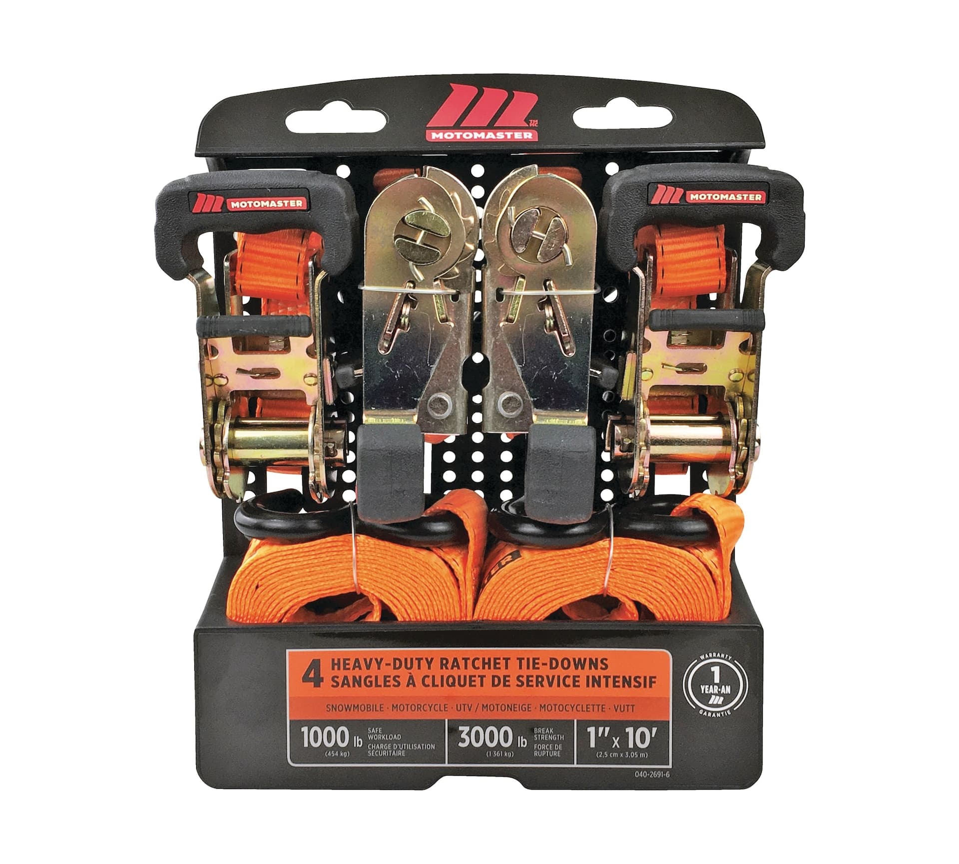 MotoMaster 3,000-lb Ratchet Tie Down Straps, with Power Grip Padded Handles , 1-in x 10-ft, 4-pk