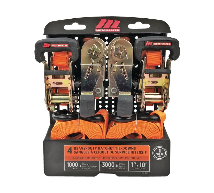 MotoMaster 3,000-lb Ratchet Tie Down Straps, with Power Grip Padded Handles , 1-in x 10-ft, 4-pk