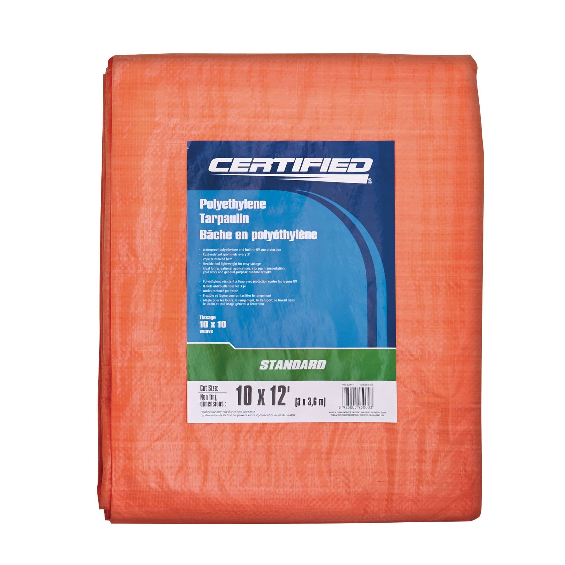 Certified Standard Duty Orange Poly Tarp, for High Visibility, 10-ft x 12-ft