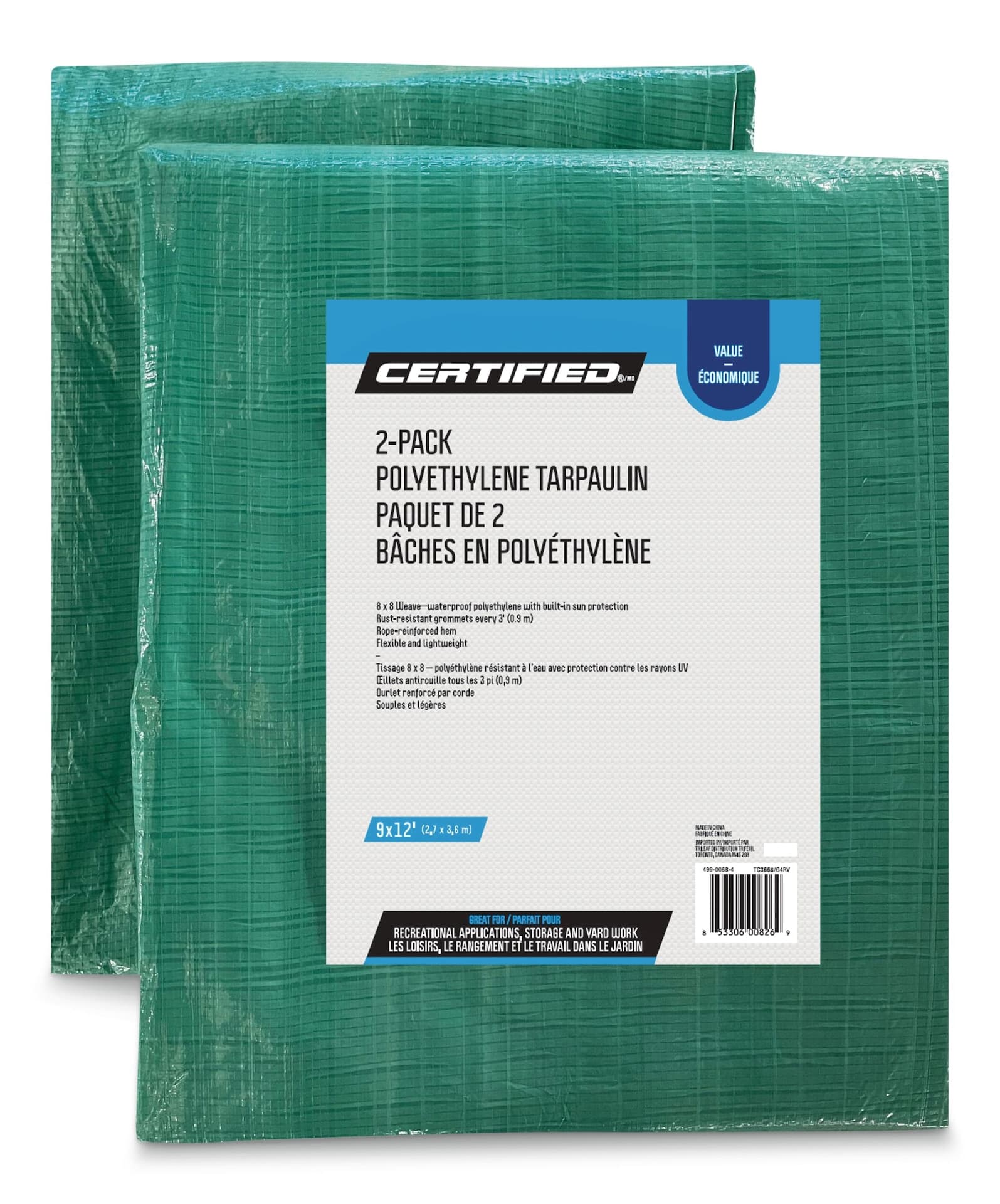 Certified Value Tarp, Waterproof, 9-ft x 12-ft, 2-pk