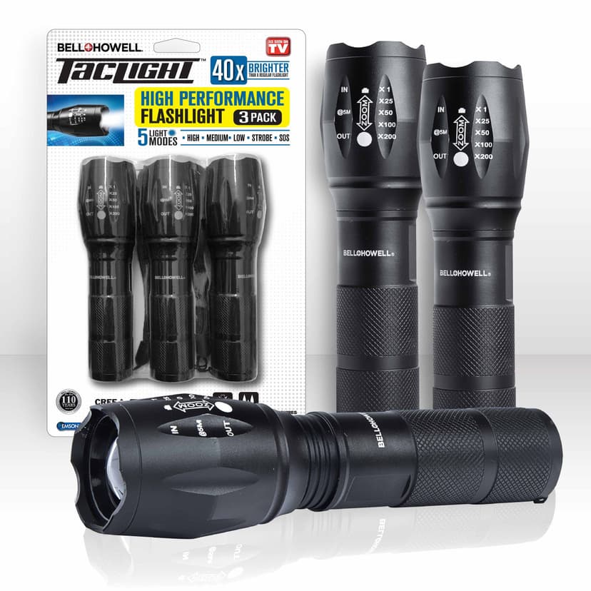 Bell and Howell Weather-Resistant Aluminum Handheld Tactical LED Flashlight with 5 Modes, Batteries Included, Black, 3-pk