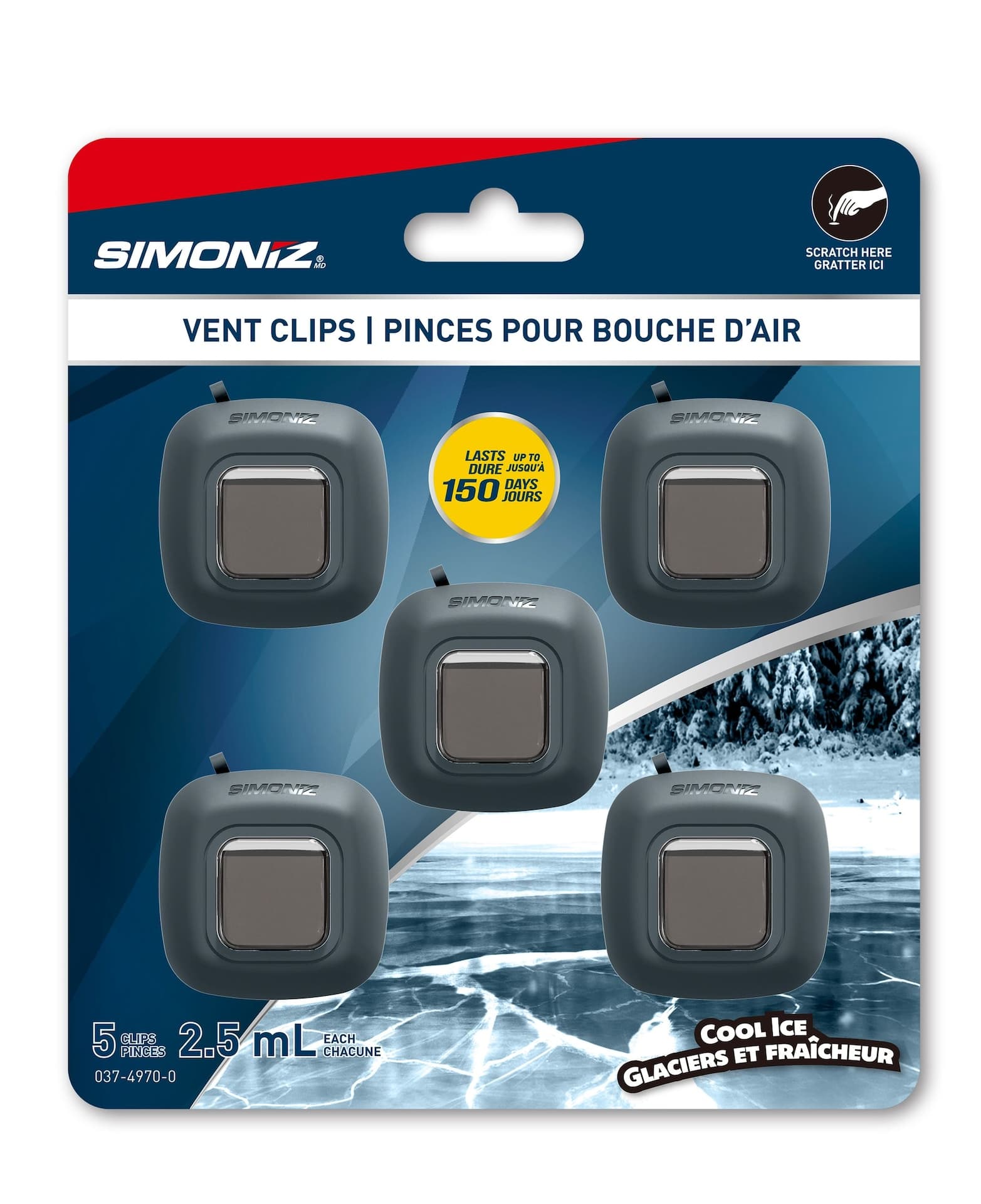 Simoniz Vent Clip Car Air Freshener, Cool Ice Scent, 5-pk