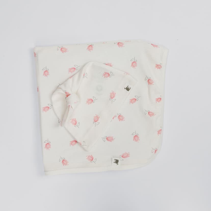The Elk Baby Tulip Print Premium Organic Cotton Blanket and Beanie Set