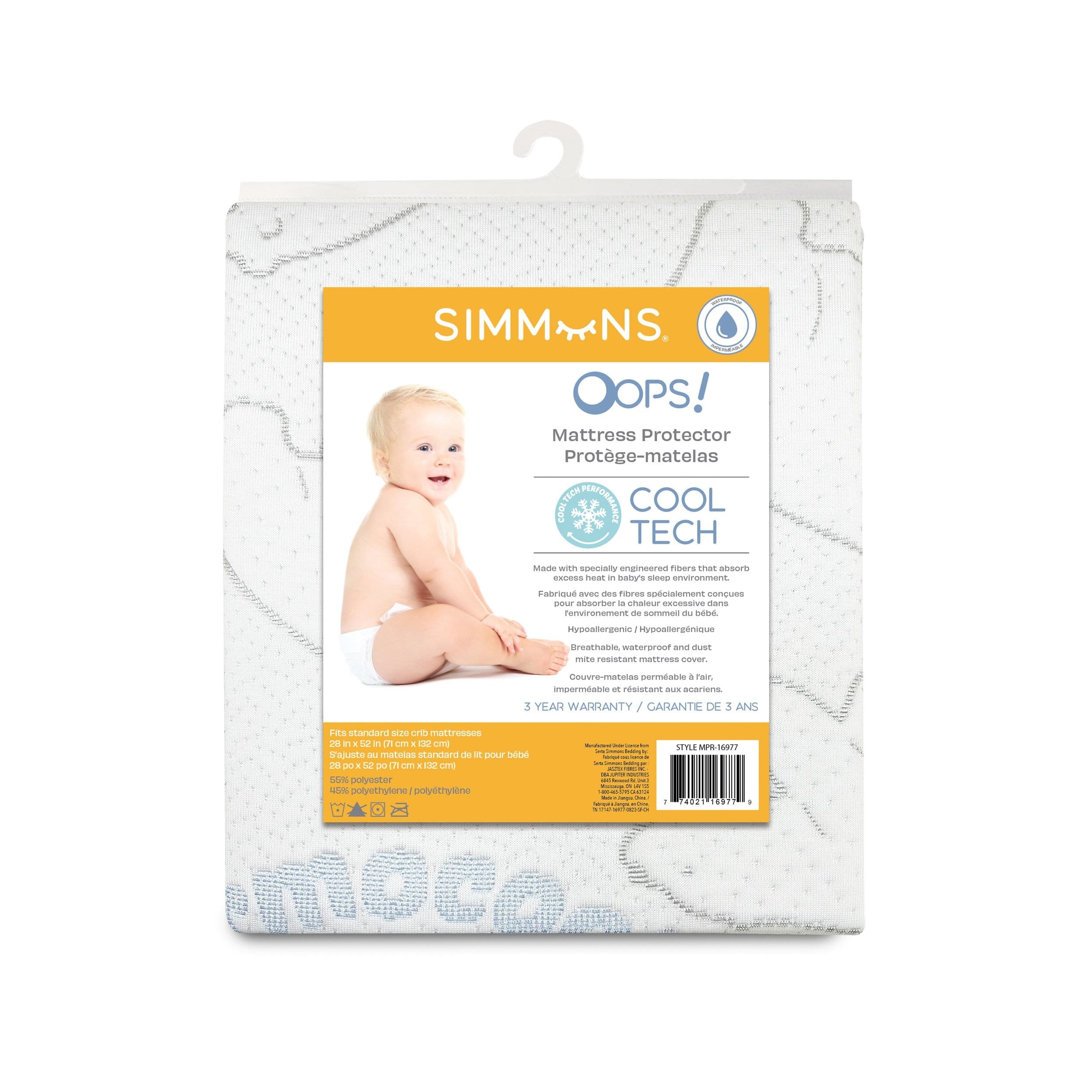 Simmons OOPS! Hypoallergenic Waterproof CoolTech Crib Mattress Protector, 52-in