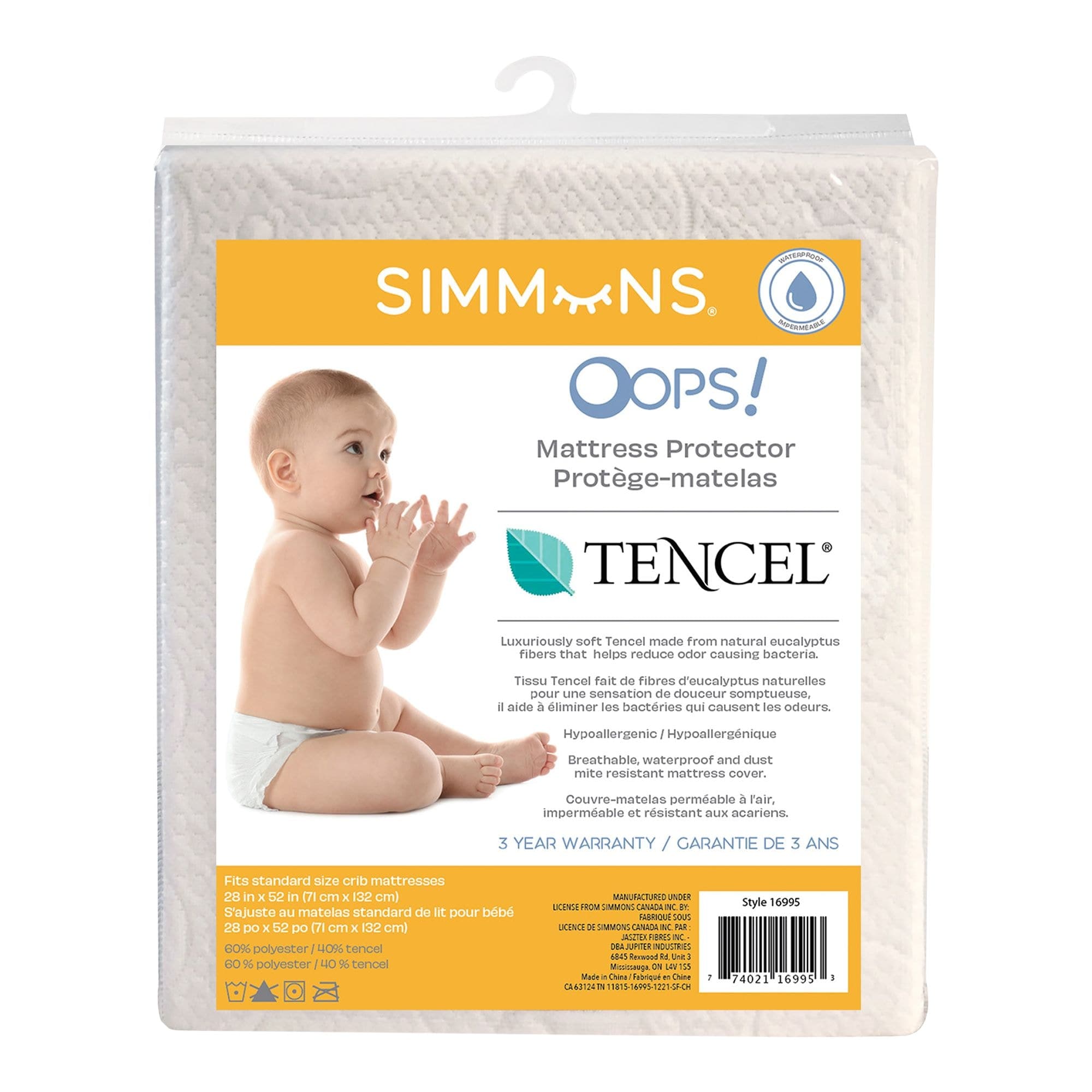 Simmons OOPS! Hypoallergenic Waterproof Tencel Crib Mattress Protector, 52-in