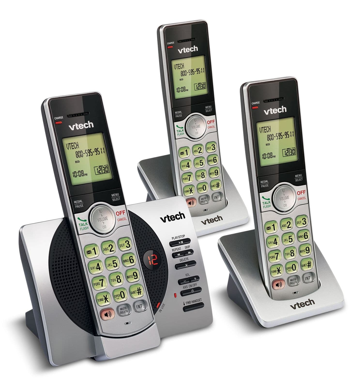 VTech DECT 6.0 Cordless Phones with Digital Answering System, 3 Handsets, Silver/Black