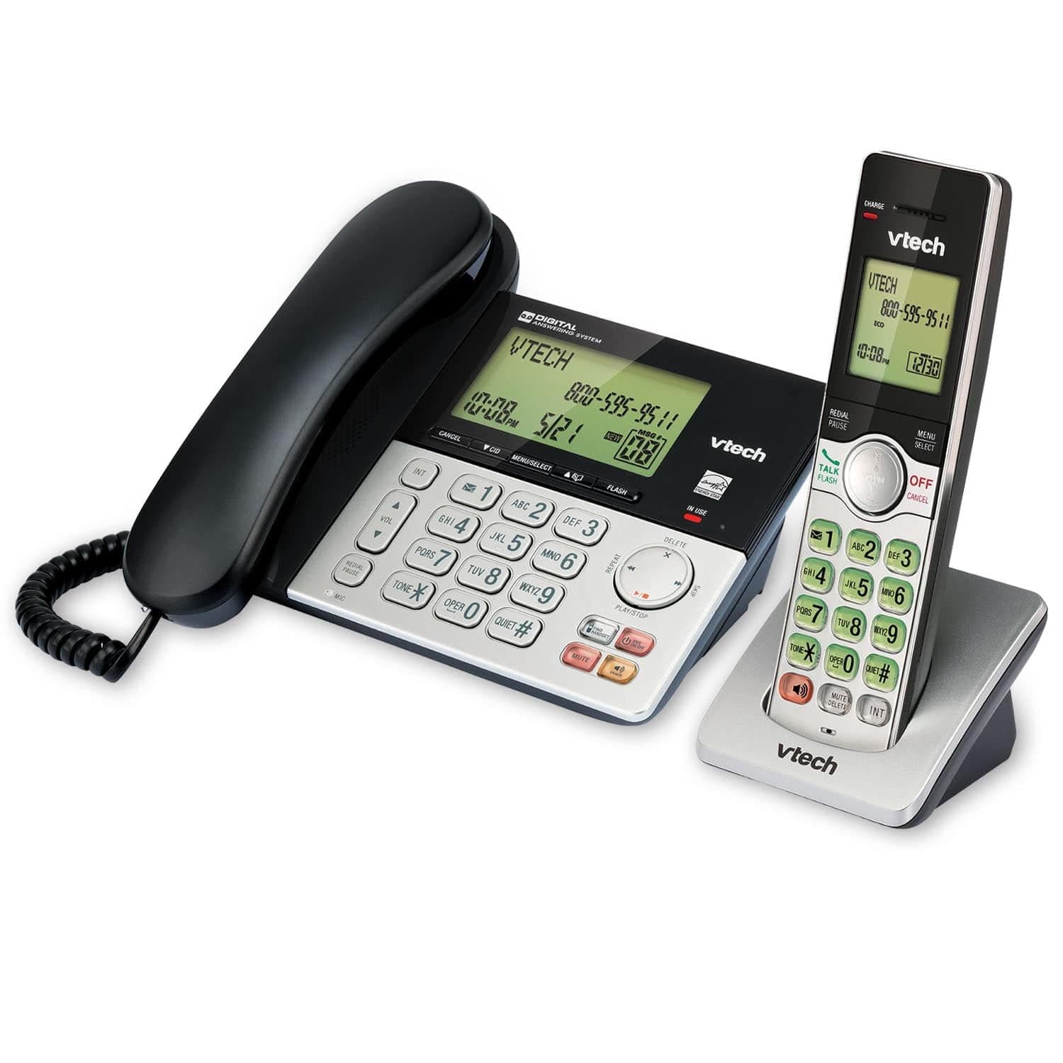 VTech DECT 6.0 Corded/Cordless Phone with Digital Answering System and Caller ID/Waiting, Silver/Black