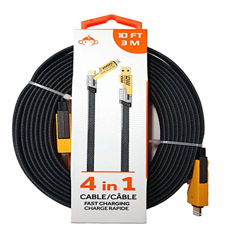 Monkeyz 4-in-1 Fast Charging Cable with Metal 18k Plated Connectors, 10'
