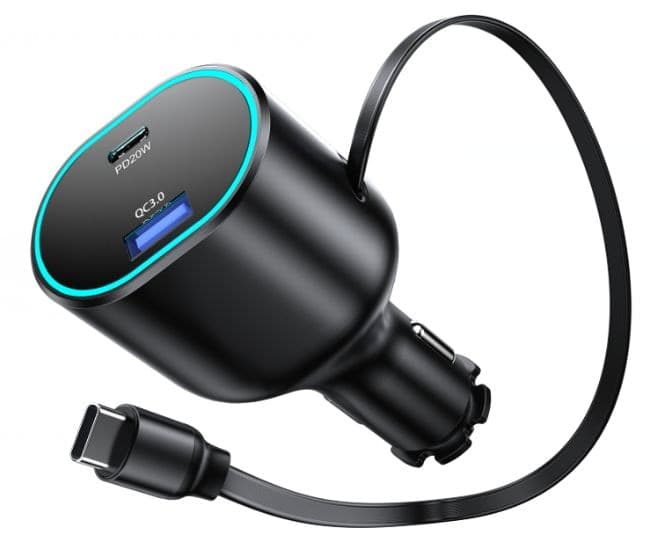 Bluehive Retractable USB-C Fast Car Charger, 50W
