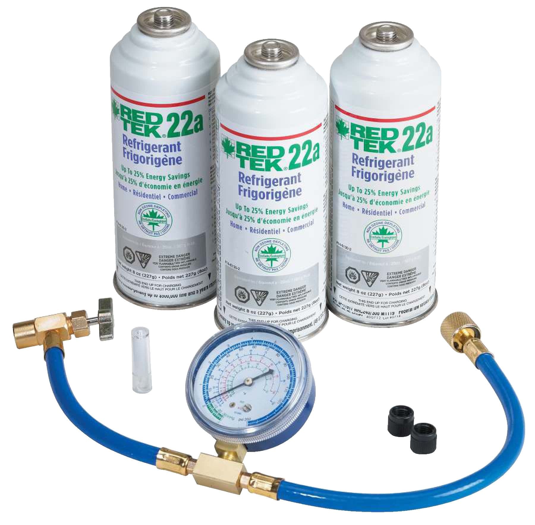 RED TEK R22a A/C Refrigerant Recharge & Retrofit Kit with Gauge, Installation Hose & Low Side Coupler, 8-oz each