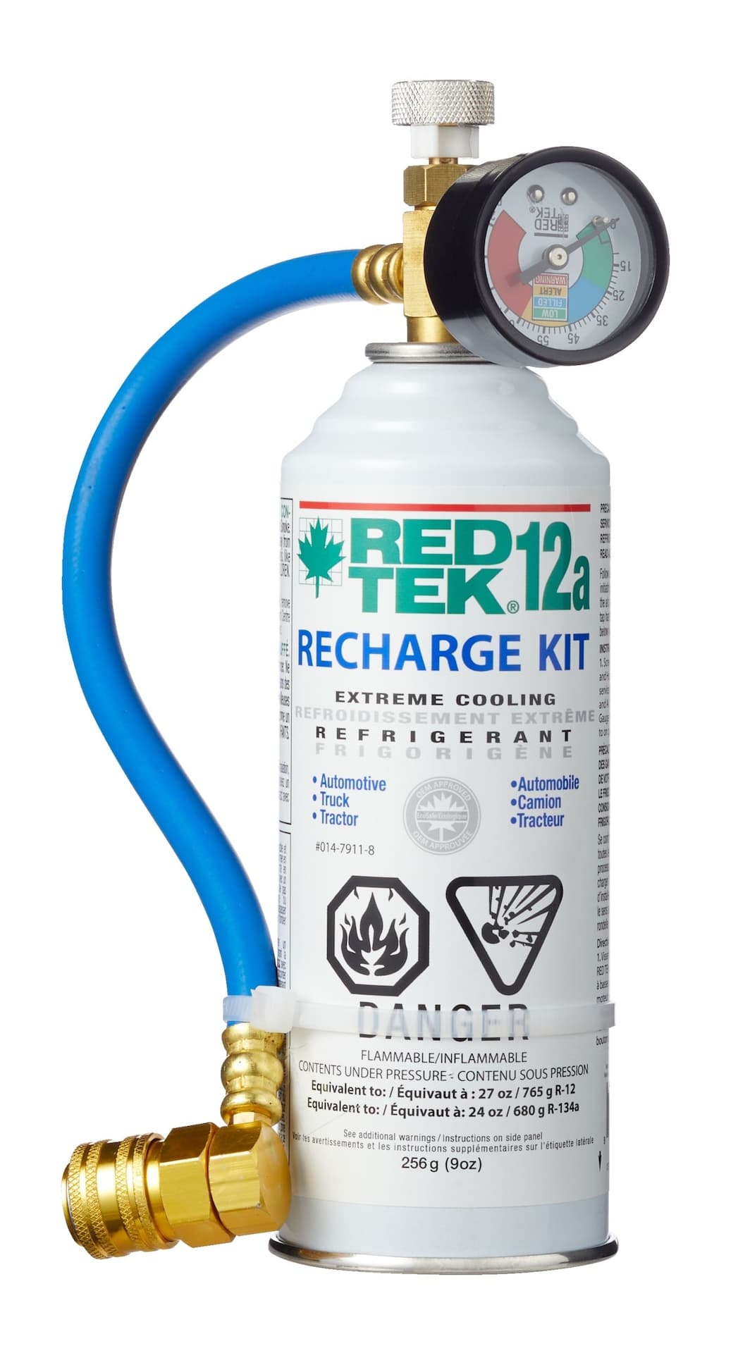 RED TEK R12a A/C Natural Refrigerant Supercharger Cooling Recharge Kit with Gauge, Installation Hose & Low Side Coupler, 9-oz