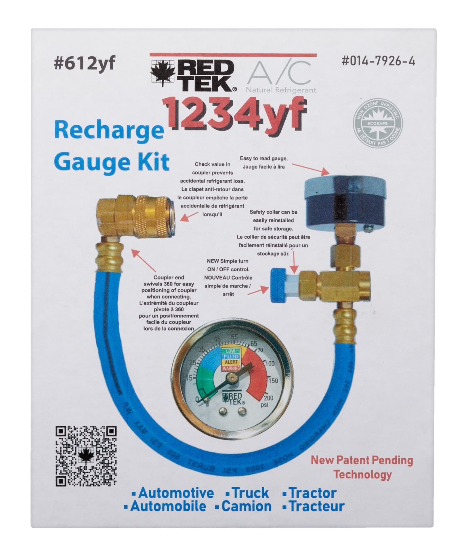 RED TEK 1234YF A/C Recharge Gauge Kit with Installation Hose & Low Side Coupler