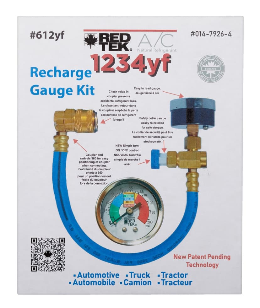 RED TEK 1234YF A/C Recharge Gauge Kit with Installation Hose & Low Side Coupler