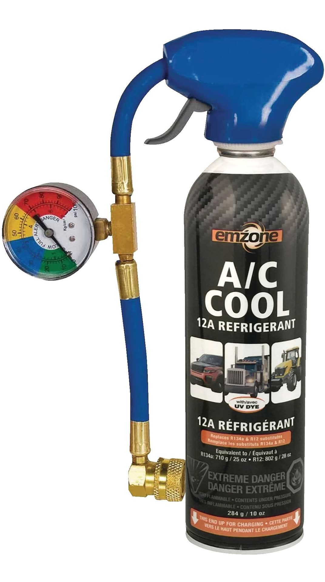 Emzone R12a A/C Cool Refrigerant Recharge Kit with Gauge, Installation Hose & Low Side Coupler, 10-oz