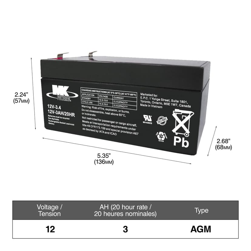 MK Battery 12-Volt 3 Ah SLA Battery