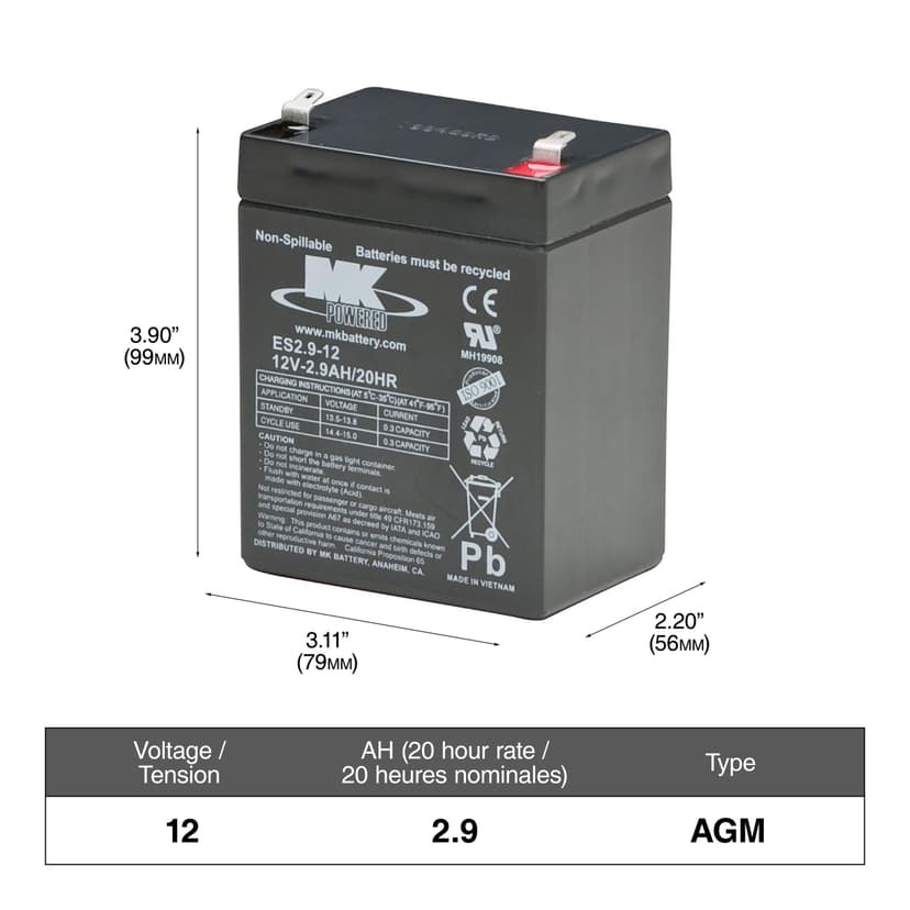 MK Battery 12-Volt 2.9 Ah SLA Battery, F1 Terminal