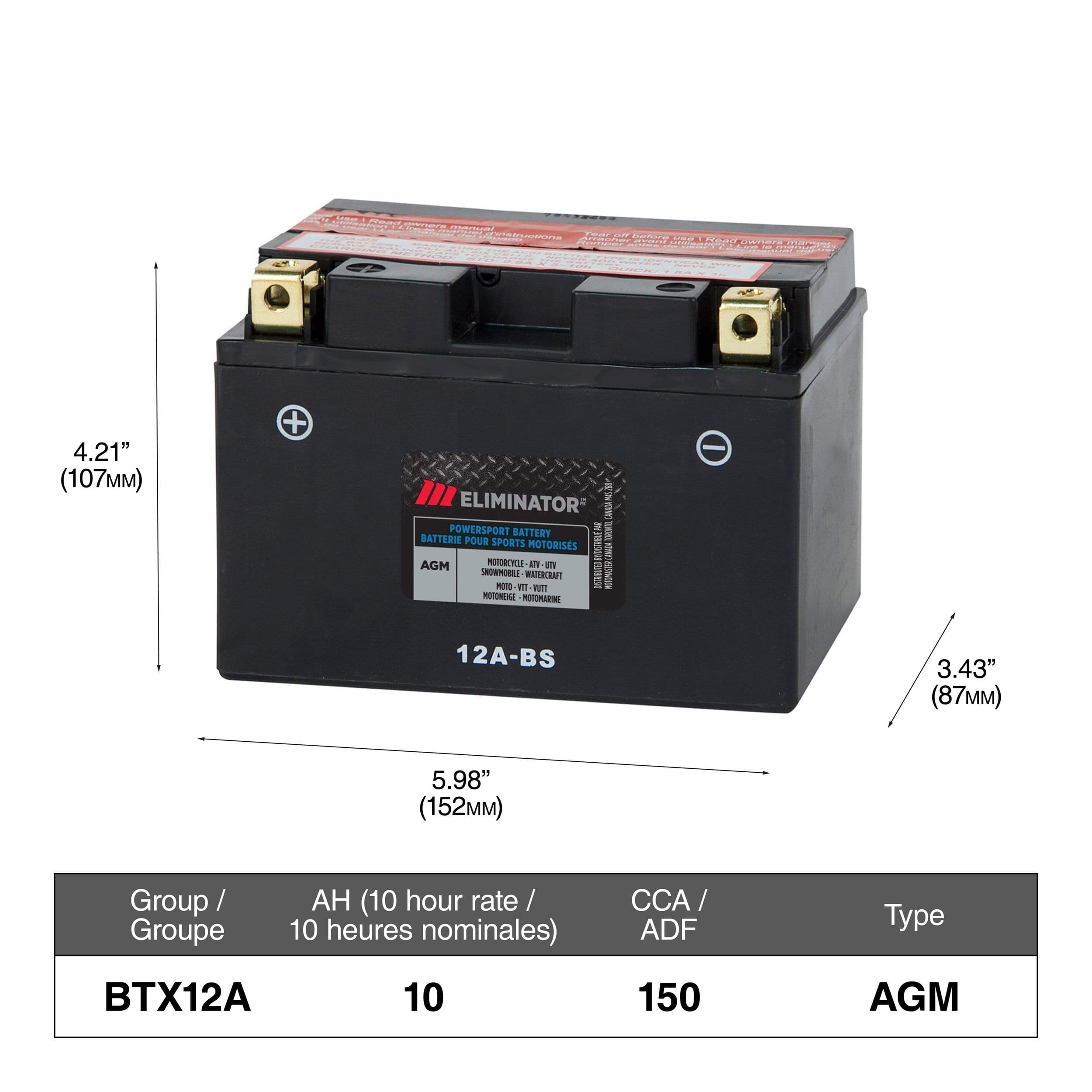 MOTOMASTER ELIMINATOR AGM Powersports Battery, 12A-BS