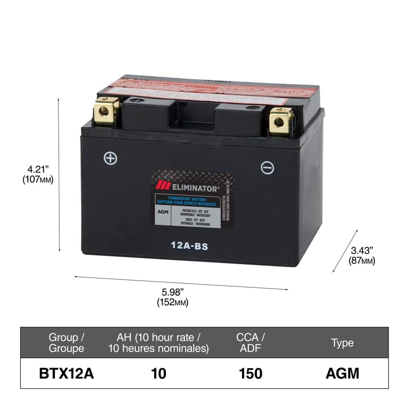 MOTOMASTER ELIMINATOR AGM Powersports Battery, 12A-BS