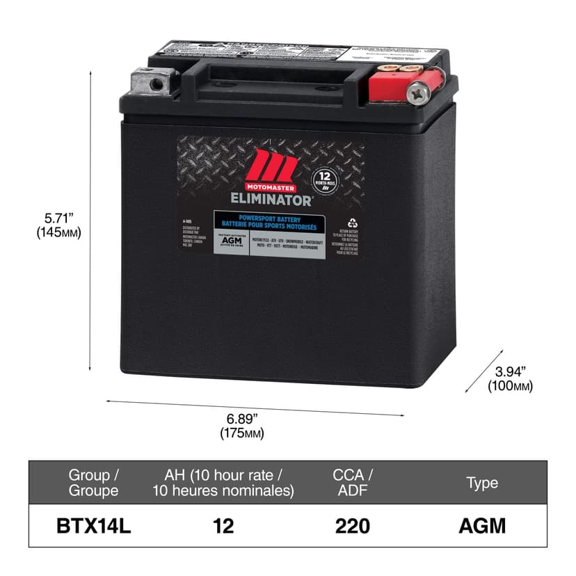 MOTOMASTER ELIMINATOR AGM Factory-Activated Powersports Battery, ETX14L