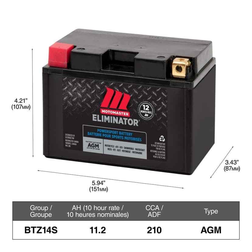 MOTOMASTER ELIMINATOR AGM Factory-Activated Powersports Battery, ETZ14S