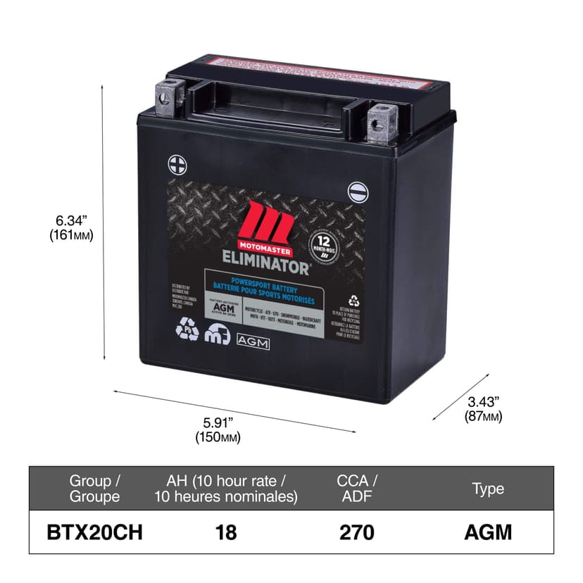 MOTOMASTER ELIMINATOR AGM Factory-Activated Powersports Battery, CTX20CH