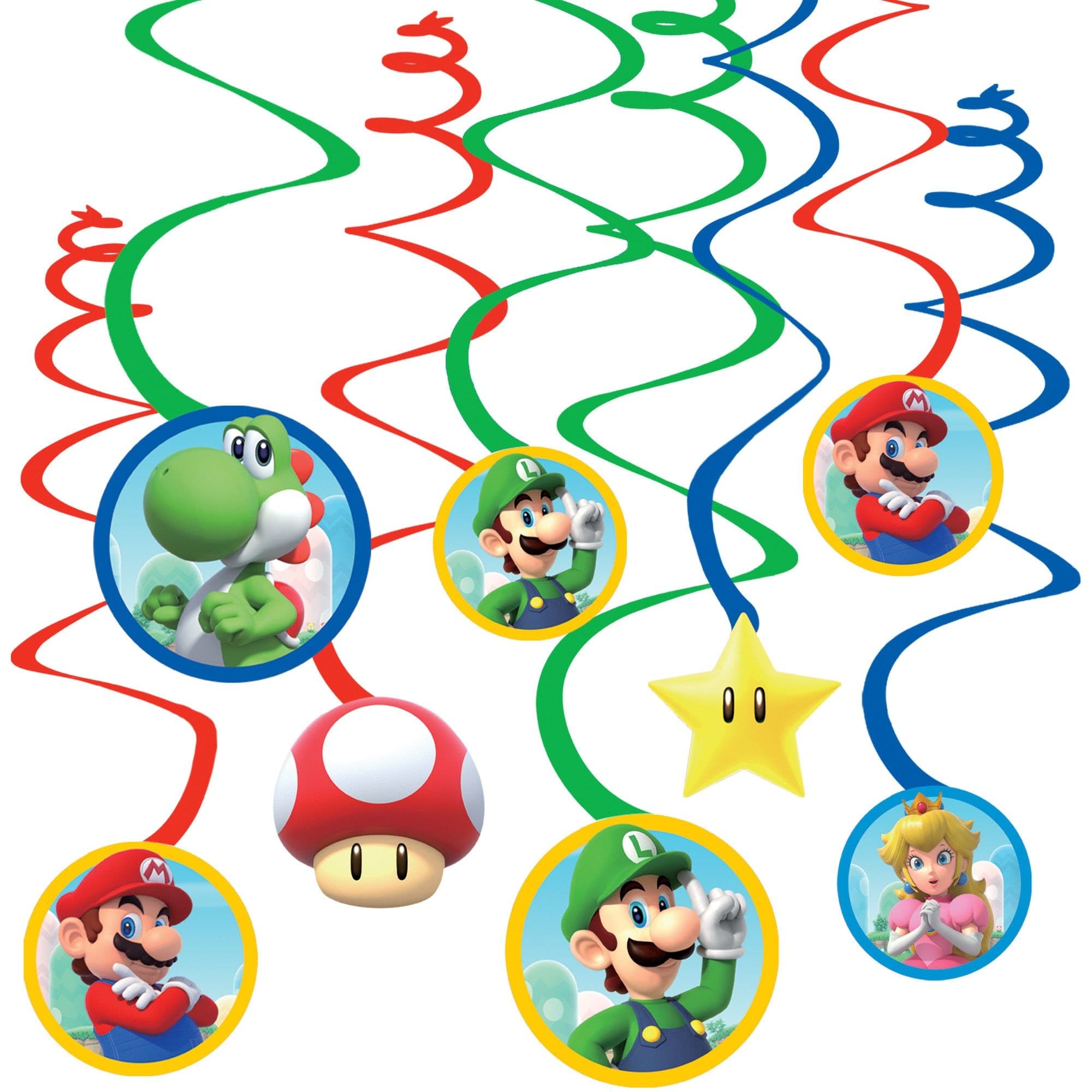 Nintendo Super Mario Bros Swirl Hanging Decorations, Red/Blue/Green, 10-in, 12-pk, for Birthday Party
